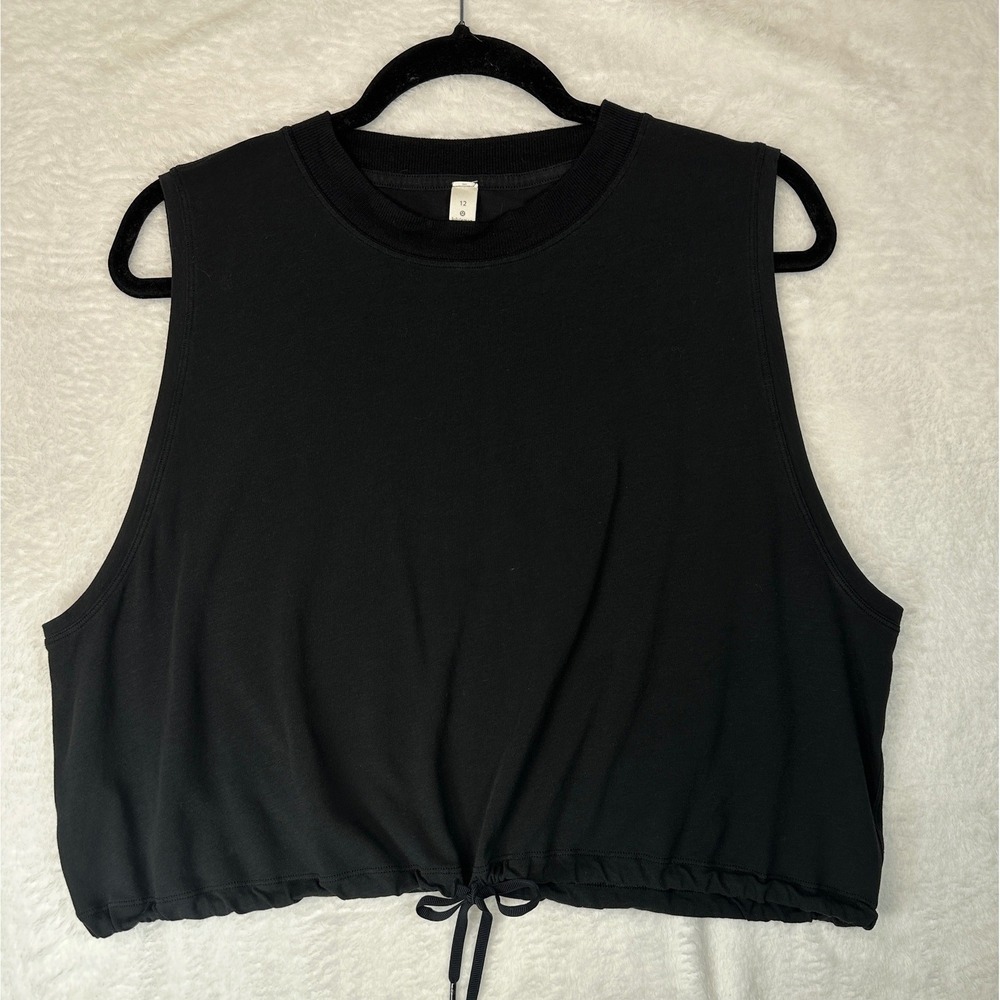 Lululemon Cinch-Hem Sleeveless Crop Top Womens 12 Black Drawstring Pima Cotton